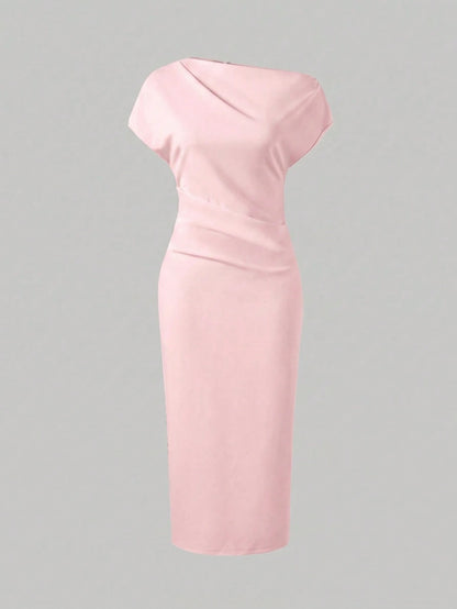 Solid Color Casual Knit Fabric Slit Hem Daily Birthday Party Date Minimalist Elegant Asymmetric Neck Dress Pink Summer