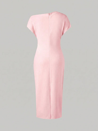 Solid Color Casual Knit Fabric Slit Hem Daily Birthday Party Date Minimalist Elegant Asymmetric Neck Dress Pink Summer
