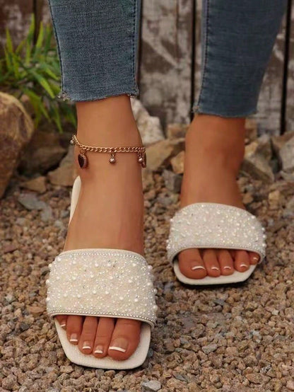 Solid Color Rhinestone Slide Sandals, Comfortable Flat Non-Slip Open-Toe Slippers, European And American Style,Summer Shoes