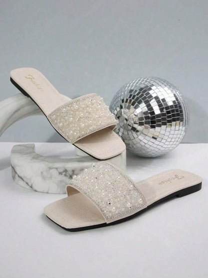 Solid Color Rhinestone Slide Sandals, Comfortable Flat Non-Slip Open-Toe Slippers, European And American Style,Summer Shoes