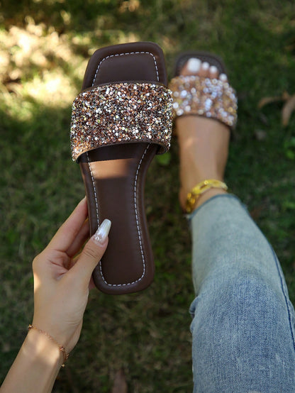 Solid Color Rhinestone Slide Sandals, Comfortable Flat Non-Slip Open-Toe Slippers, European And American Style,Summer Shoes