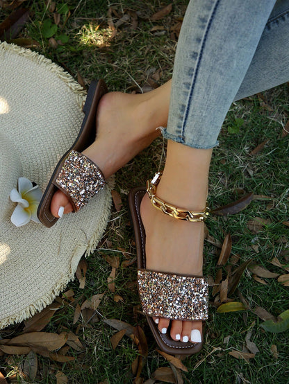 Solid Color Rhinestone Slide Sandals, Comfortable Flat Non-Slip Open-Toe Slippers, European And American Style,Summer Shoes