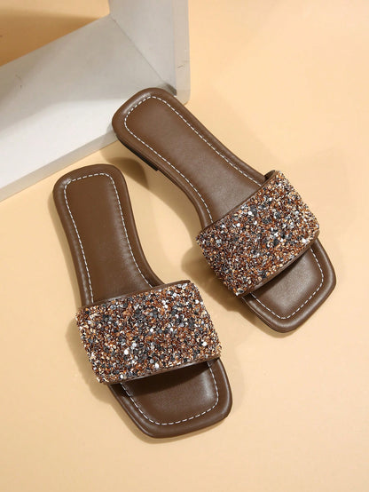 Solid Color Rhinestone Slide Sandals, Comfortable Flat Non-Slip Open-Toe Slippers, European And American Style,Summer Shoes