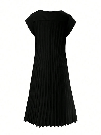 Solid Pleated Hem Longline Dress For Summer Black Elegant