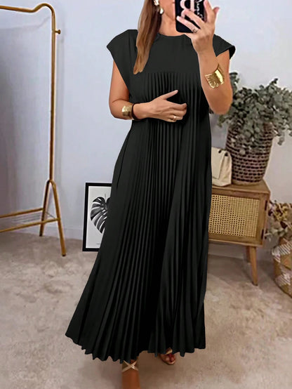 Solid Pleated Hem Longline Dress For Summer Black Elegant