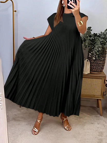 Solid Pleated Hem Longline Dress For Summer Black Elegant