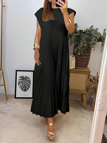 Solid Pleated Hem Longline Dress For Summer Black Elegant