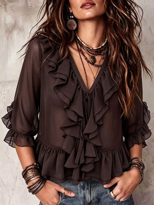 Solid Ruffle Trim V-Neck Tie Front Sheer Chiffon Blouse With Flare Sleeves