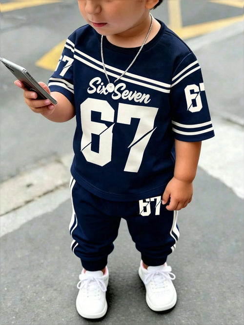 Souflis Souflis 2pcs/Set Baby Boys Navy Blue Outfit,Summer Street Life Casual Graphic Street Fashion City Break Number 67 Letter Print T-Shirt&Elastic Cuff Pants