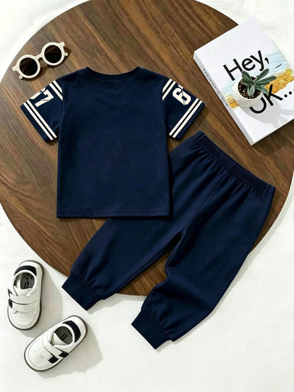 Souflis Souflis 2pcs/Set Baby Boys Navy Blue Outfit,Summer Street Life Casual Graphic Street Fashion City Break Number 67 Letter Print T-Shirt&Elastic Cuff Pants