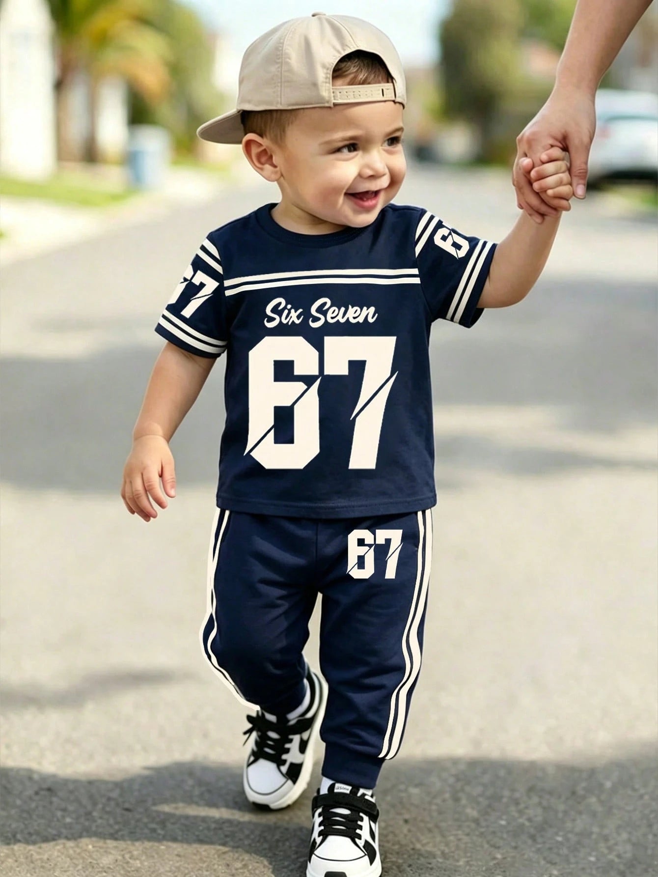 Souflis Souflis 2pcs/Set Baby Boys Navy Blue Outfit,Summer Street Life Casual Graphic Street Fashion City Break Number 67 Letter Print T-Shirt&Elastic Cuff Pants