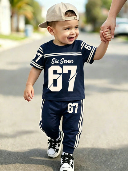 Souflis Souflis 2pcs/Set Baby Boys Navy Blue Outfit,Summer Street Life Casual Graphic Street Fashion City Break Number 67 Letter Print T-Shirt&Elastic Cuff Pants