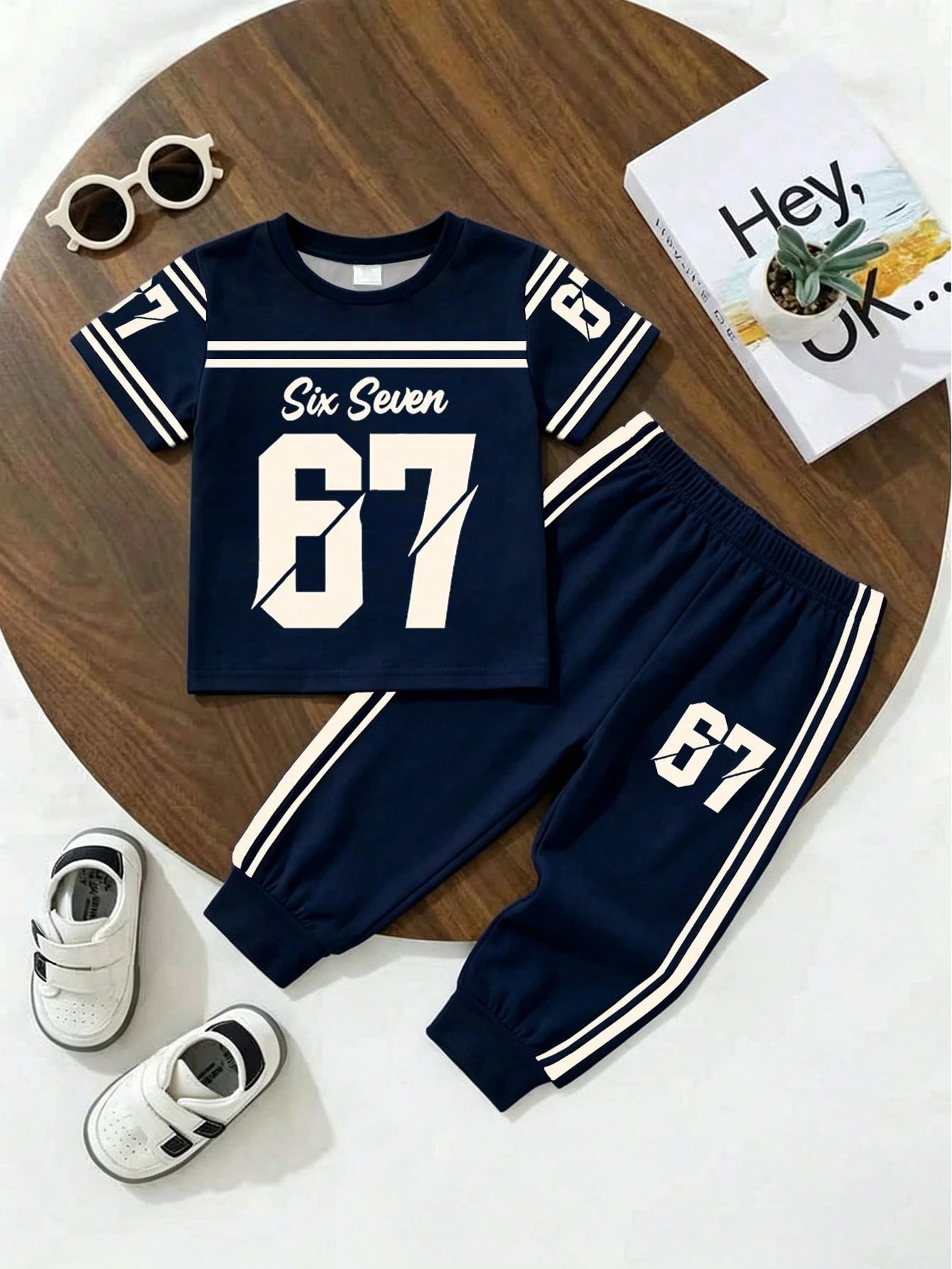 Souflis Souflis 2pcs/Set Baby Boys Navy Blue Outfit,Summer Street Life Casual Graphic Street Fashion City Break Number 67 Letter Print T-Shirt&Elastic Cuff Pants