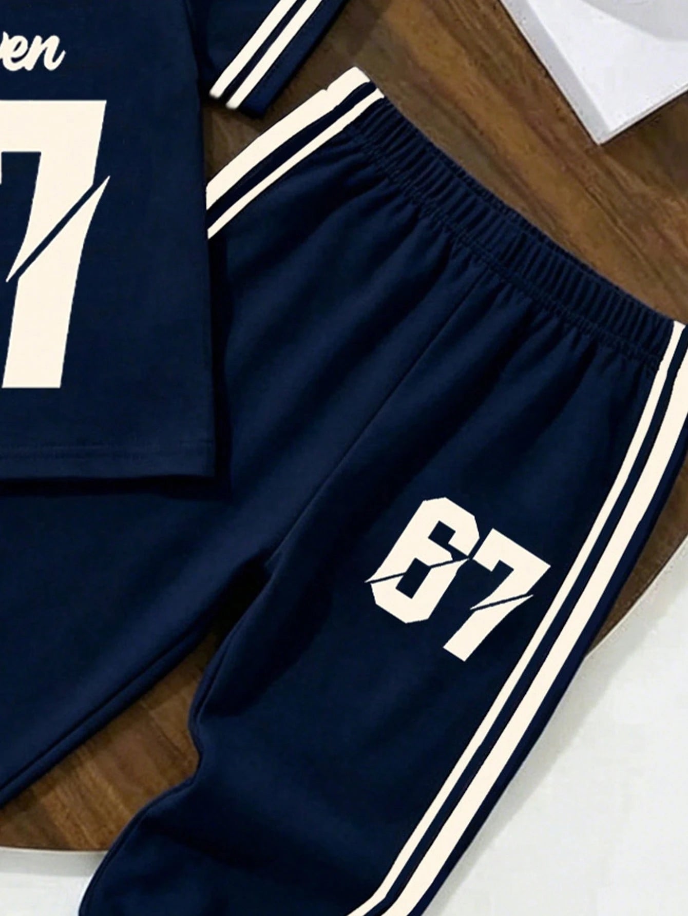 Souflis Souflis 2pcs/Set Baby Boys Navy Blue Outfit,Summer Street Life Casual Graphic Street Fashion City Break Number 67 Letter Print T-Shirt&Elastic Cuff Pants