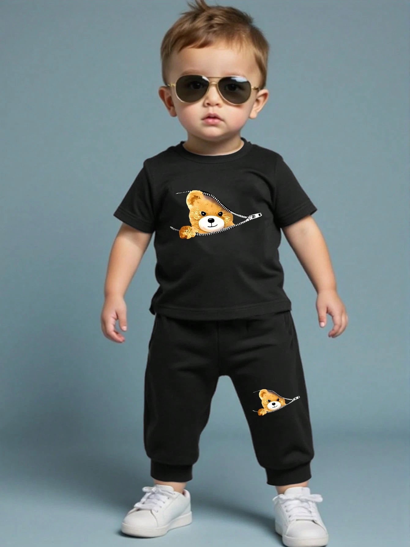 Souflis Souflis 2pcs/Set Baby Boys Navy Blue Outfit,Summer Street Life Casual Graphic Street Fashion City Break Number 67 Letter Print T-Shirt&Elastic Cuff Pants