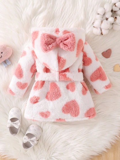 Souflis Souflis Long Sleeve Full Length Baby Girl Pink Plush Hooded Cute Pajamas With Geometric Pattern For Warm Winter Sleep