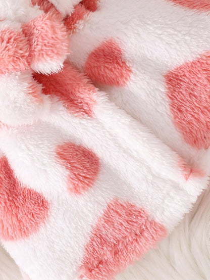 Souflis Souflis Long Sleeve Full Length Baby Girl Pink Plush Hooded Cute Pajamas With Geometric Pattern For Warm Winter Sleep