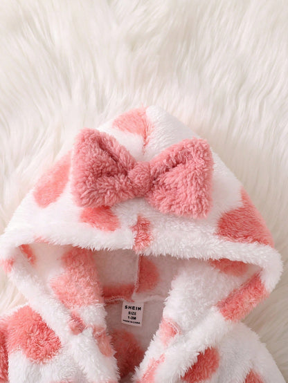 Souflis Souflis Long Sleeve Full Length Baby Girl Pink Plush Hooded Cute Pajamas With Geometric Pattern For Warm Winter Sleep