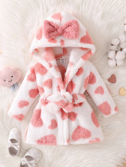 Souflis Souflis Long Sleeve Full Length Baby Girl Pink Plush Hooded Cute Pajamas With Geometric Pattern For Warm Winter Sleep
