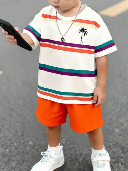 Souflis Souflis Toddler Boys' 2-Piece Outfit,Summer Casual Beach Rainbow Colorful Striped Coconut Tree Graphic Print Short Sleeve T-Shirt And Shorts Set,Daily Wear