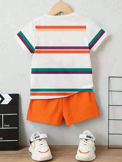 Souflis Souflis Toddler Boys' 2-Piece Outfit,Summer Casual Beach Rainbow Colorful Striped Coconut Tree Graphic Print Short Sleeve T-Shirt And Shorts Set,Daily Wear