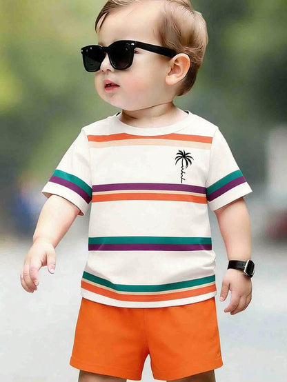 Souflis Souflis Toddler Boys' 2-Piece Outfit,Summer Casual Beach Rainbow Colorful Striped Coconut Tree Graphic Print Short Sleeve T-Shirt And Shorts Set,Daily Wear