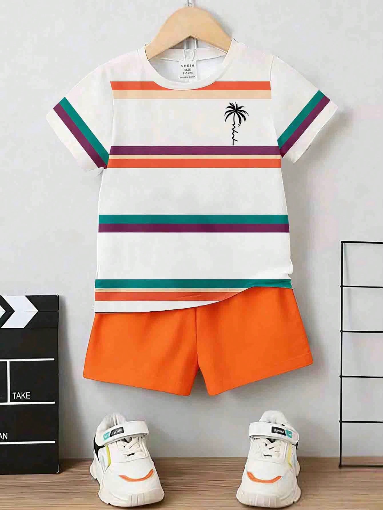 Souflis Souflis Toddler Boys' 2-Piece Outfit,Summer Casual Beach Rainbow Colorful Striped Coconut Tree Graphic Print Short Sleeve T-Shirt And Shorts Set,Daily Wear