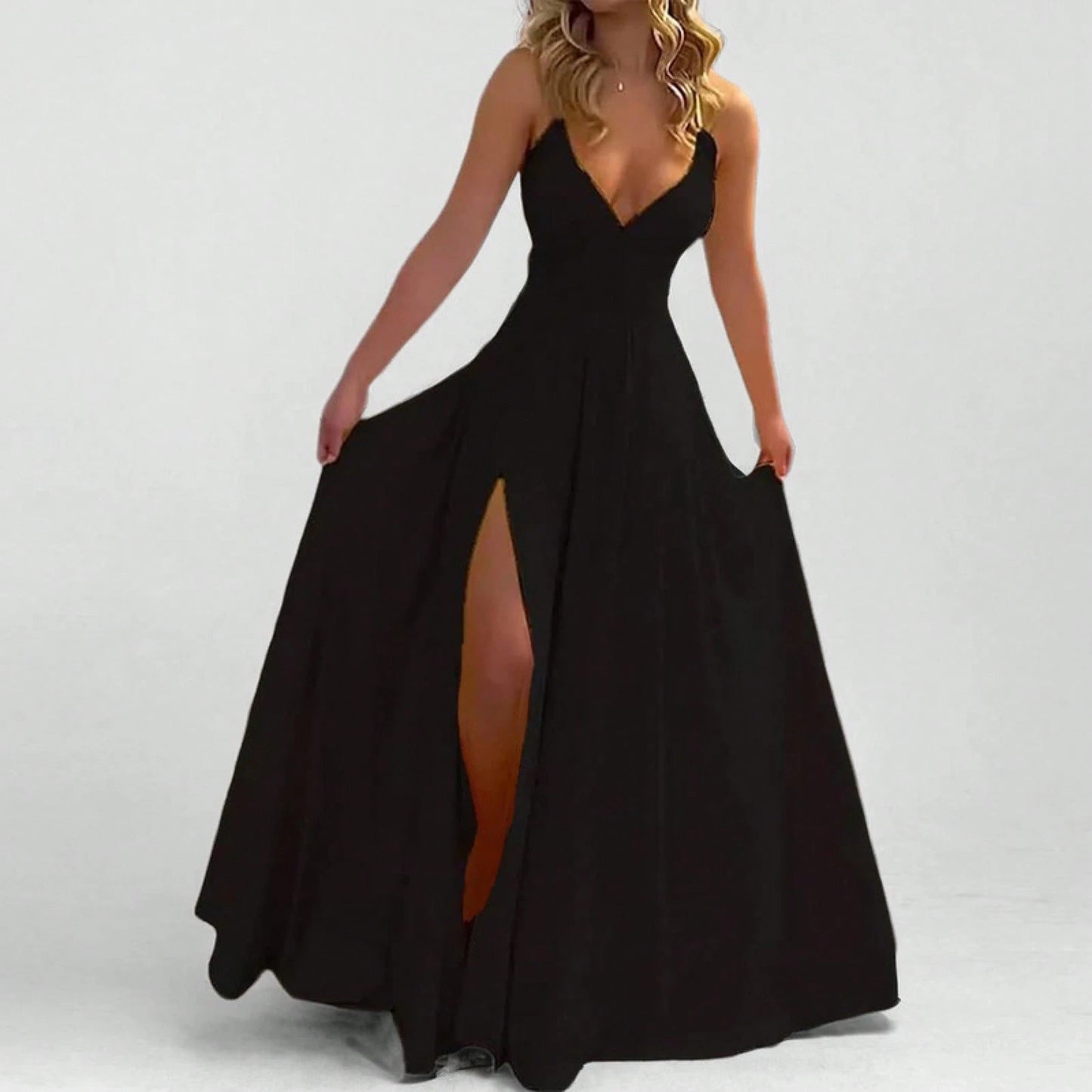 Spaghetti Strap Dress Fashion Sexy Split Solid Color Maxi Dress Women Elegant Side Slit Party Long Dress