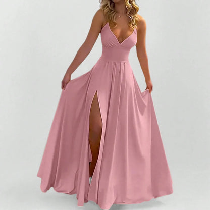 Spaghetti Strap Dress Fashion Sexy Split Solid Color Maxi Dress Women Elegant Side Slit Party Long Dress