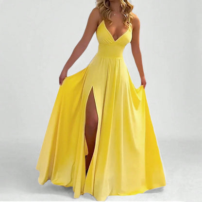 Spaghetti Strap Dress Fashion Sexy Split Solid Color Maxi Dress Women Elegant Side Slit Party Long Dress