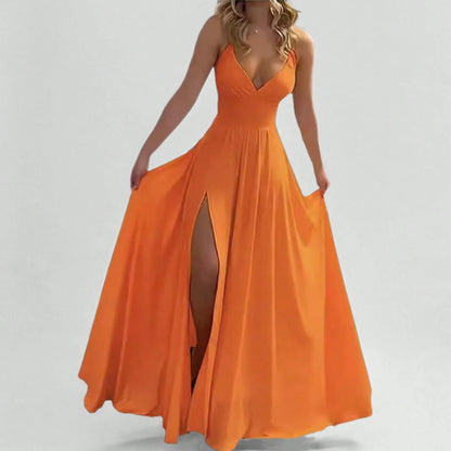 Spaghetti Strap Dress Fashion Sexy Split Solid Color Maxi Dress Women Elegant Side Slit Party Long Dress