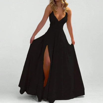 Spaghetti Strap Dress Fashion Sexy Split Solid Color Maxi Dress Women Elegant Side Slit Party Long Dress