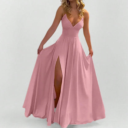 Spaghetti Strap Dress Fashion Sexy Split Solid Color Maxi Dress Women Elegant Side Slit Party Long Dress