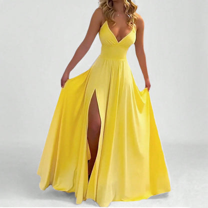 Spaghetti Strap Dress Fashion Sexy Split Solid Color Maxi Dress Women Elegant Side Slit Party Long Dress