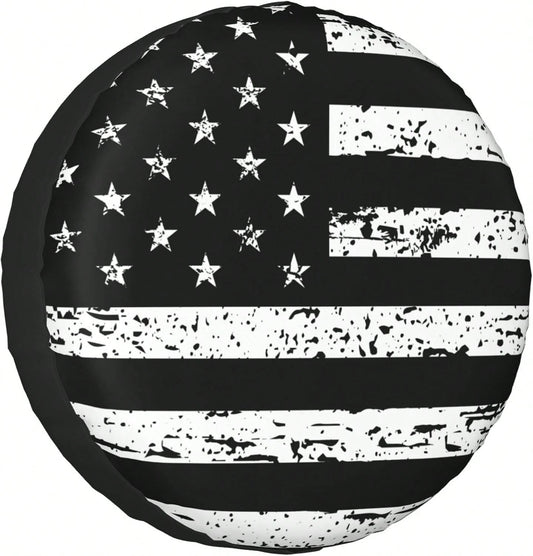 Spare Tire Cover Vintage American Flag For RV Trailer, Weatherproof Universal Wheel Cover For RV Travel Trailer Camper Truck Black White 14Inch