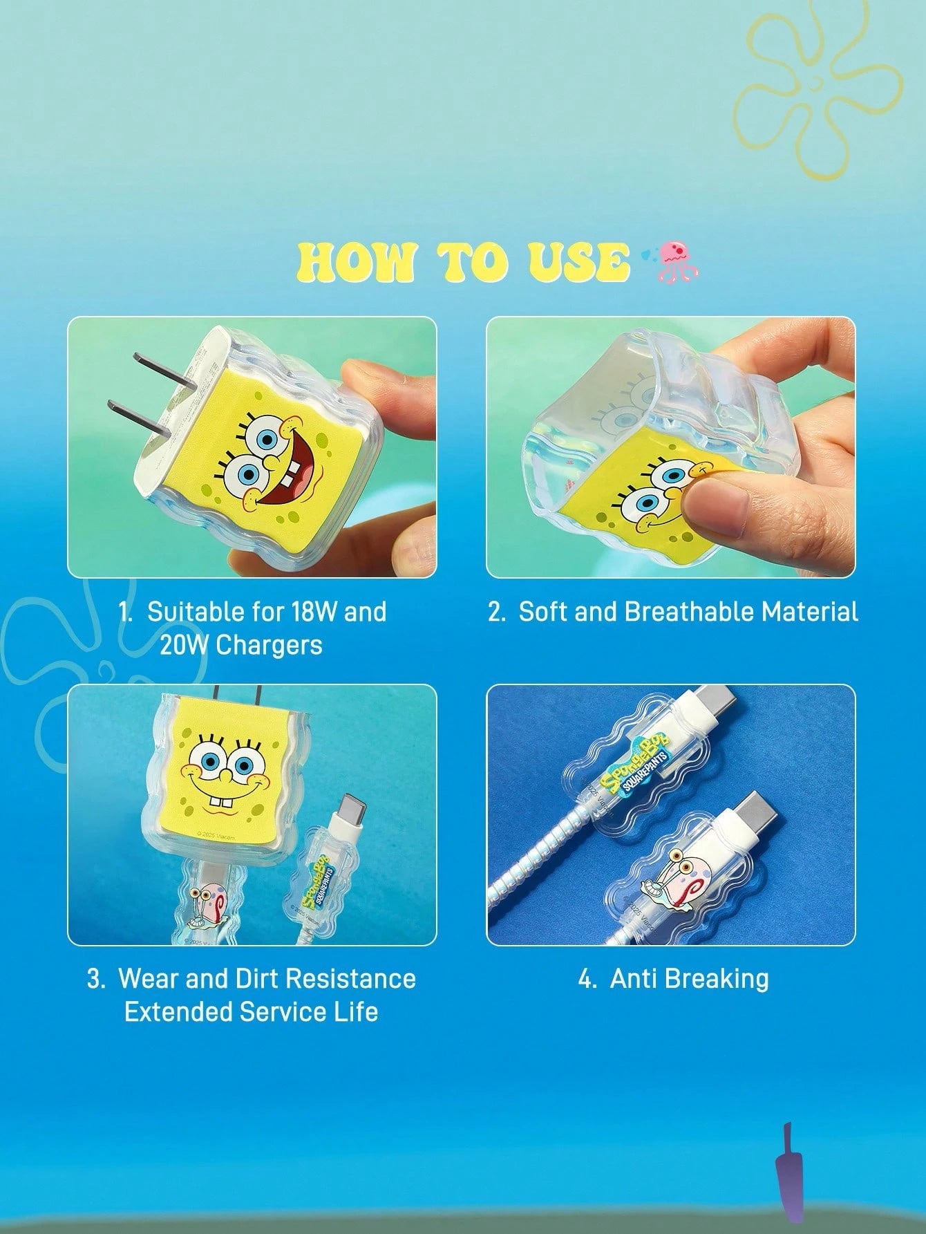 SpongeBob SquarePants| Data Cable Protective Cover, Compatible With IPhone Charger, Cartoon Pattern, 3 Pieces Charger Protector (Excluding Data Cable)