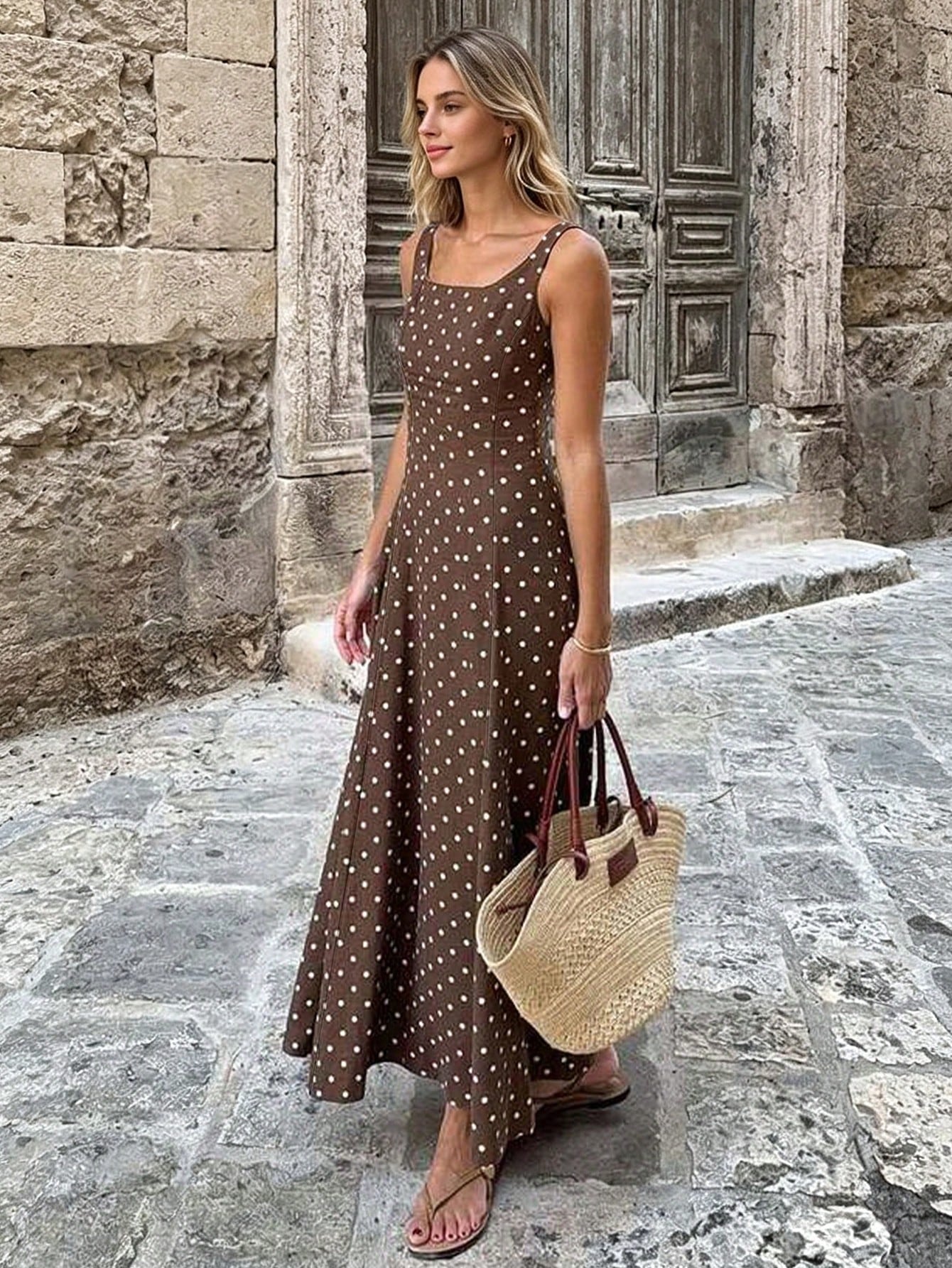 Spring/Summer Brown Base White Polka Dot Sleeveless A-Line Maxi Dress, Minimalist Elegant Style For Daily Commute Wear Party