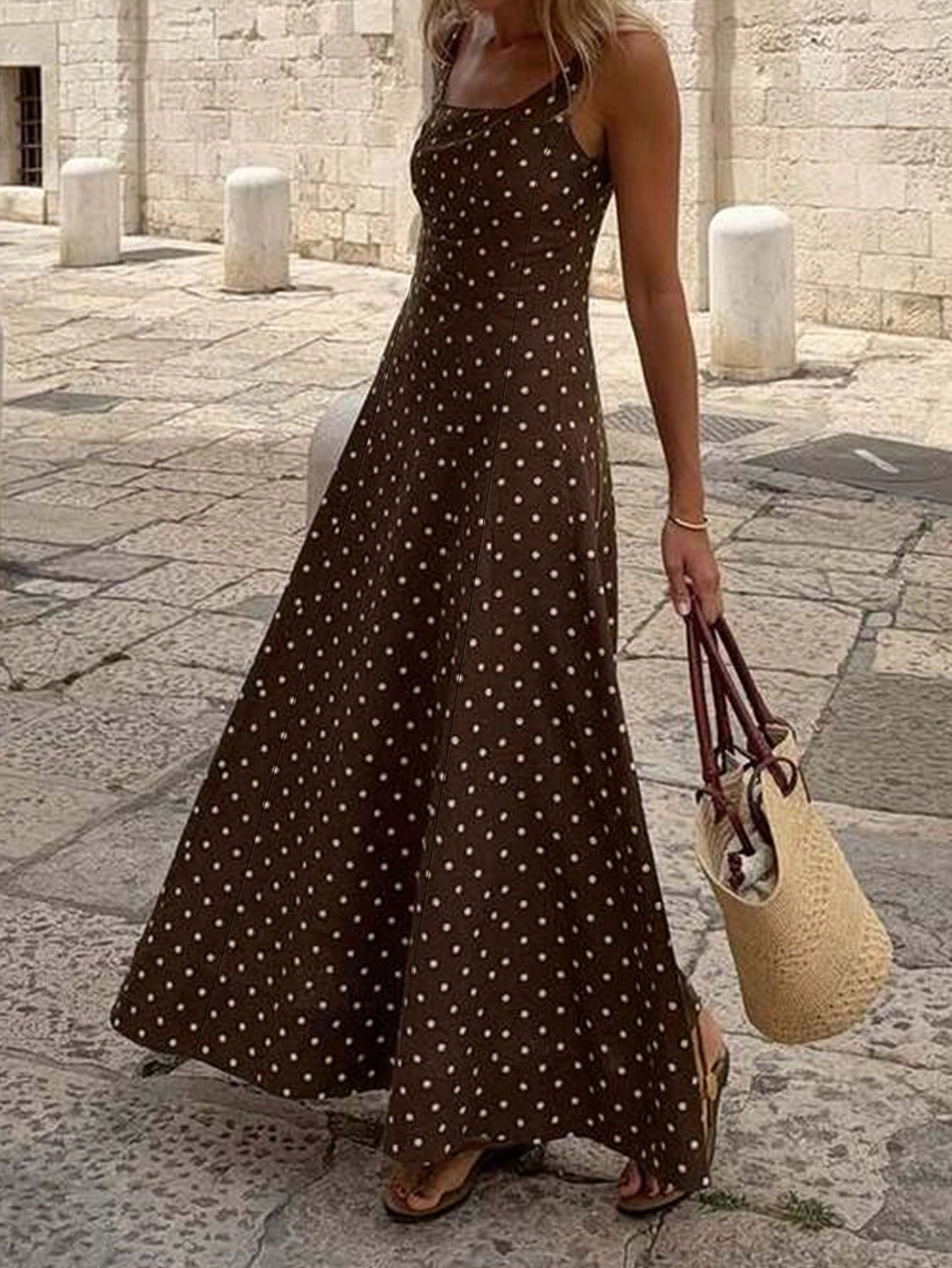 Spring/Summer Brown Base White Polka Dot Sleeveless A-Line Maxi Dress, Minimalist Elegant Style For Daily Commute Wear Party