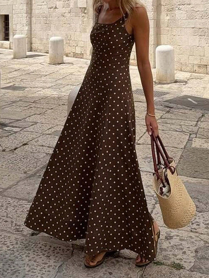 Spring/Summer Brown Base White Polka Dot Sleeveless A-Line Maxi Dress, Minimalist Elegant Style For Daily Commute Wear Party
