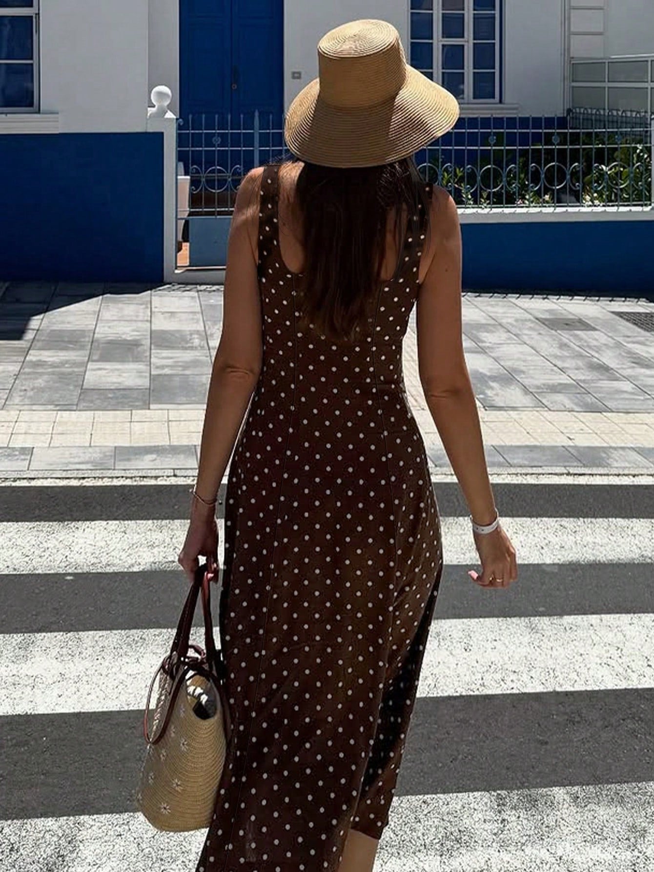 Spring/Summer Brown Base White Polka Dot Sleeveless A-Line Maxi Dress, Minimalist Elegant Style For Daily Commute Wear Party