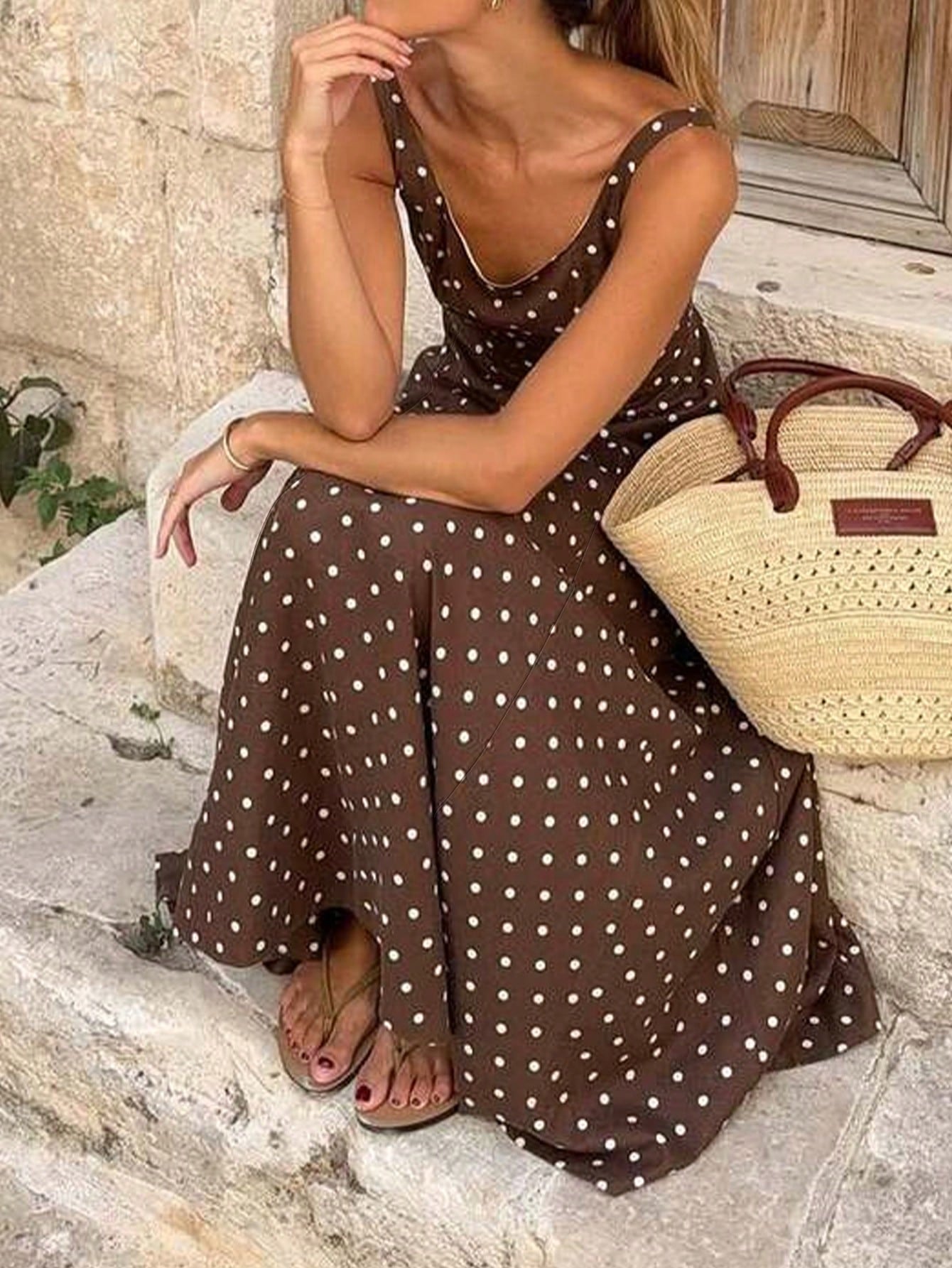 Spring/Summer Brown Base White Polka Dot Sleeveless A-Line Maxi Dress, Minimalist Elegant Style For Daily Commute Wear Party