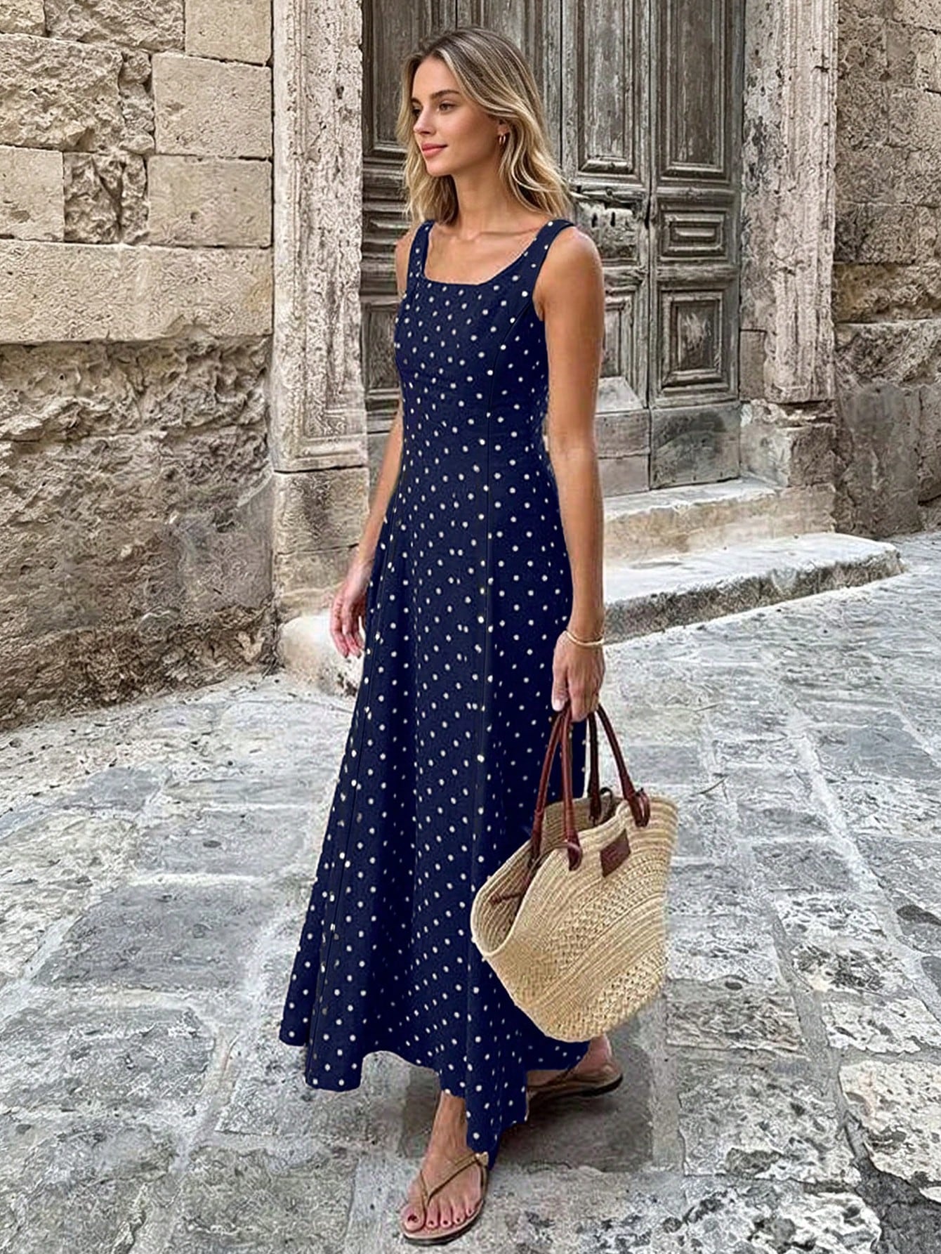 Spring/Summer Brown Base White Polka Dot Sleeveless A-Line Maxi Dress, Minimalist Elegant Style For Daily Commute Wear Party