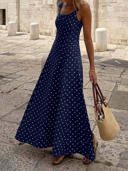 Spring/Summer Brown Base White Polka Dot Sleeveless A-Line Maxi Dress, Minimalist Elegant Style For Daily Commute Wear Party