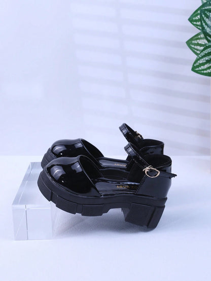 Spring/Summer New Girls' High Heel Shoes, Fashionable Retro Children's Sandals, Closed-Toe Shoes For Big Kids, Thick Sole Little Girls' Shoes, Black British Style Baby Student Shoes