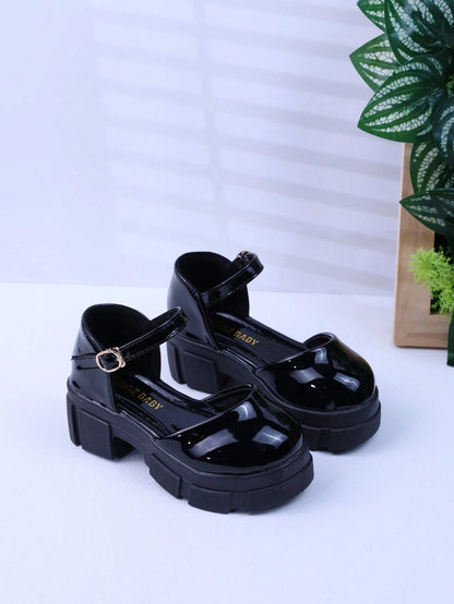 Spring/Summer New Girls' High Heel Shoes, Fashionable Retro Children's Sandals, Closed-Toe Shoes For Big Kids, Thick Sole Little Girls' Shoes, Black British Style Baby Student Shoes