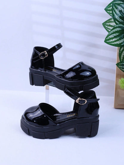 Spring/Summer New Girls' High Heel Shoes, Fashionable Retro Children's Sandals, Closed-Toe Shoes For Big Kids, Thick Sole Little Girls' Shoes, Black British Style Baby Student Shoes