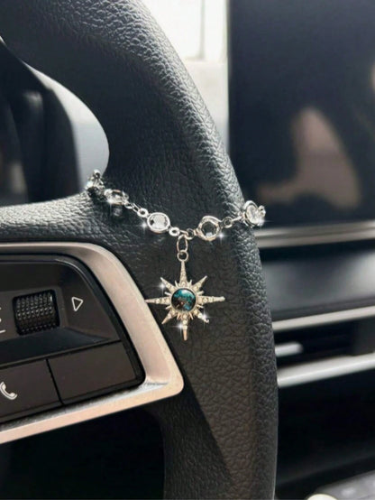 Starry Sky Sun Car Pendant, Rhinestone Sun Charm Vintage Alloy Decor For Car Steering Wheel