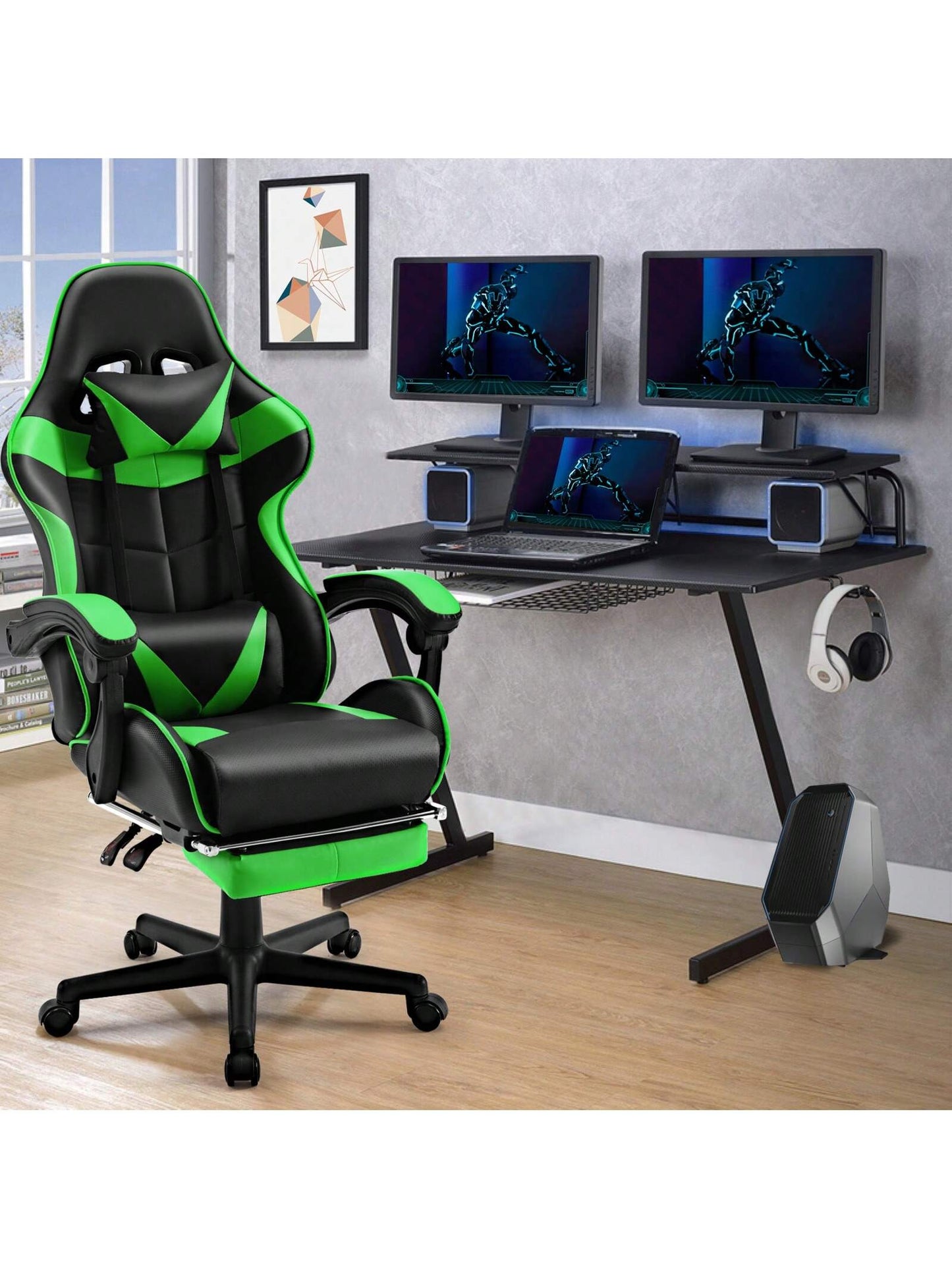 STGaming Gaming Chair With Footrest And Lumbar Support, Ergonomic Game Chair Height Adjustable Racing Gaming Chair With Headrest