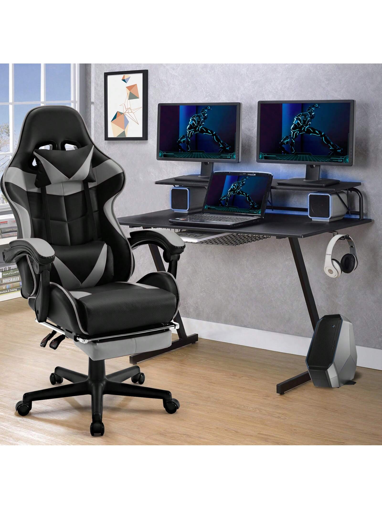STGaming Gaming Chair With Footrest And Lumbar Support, Ergonomic Game Chair Height Adjustable Racing Gaming Chair With Headrest