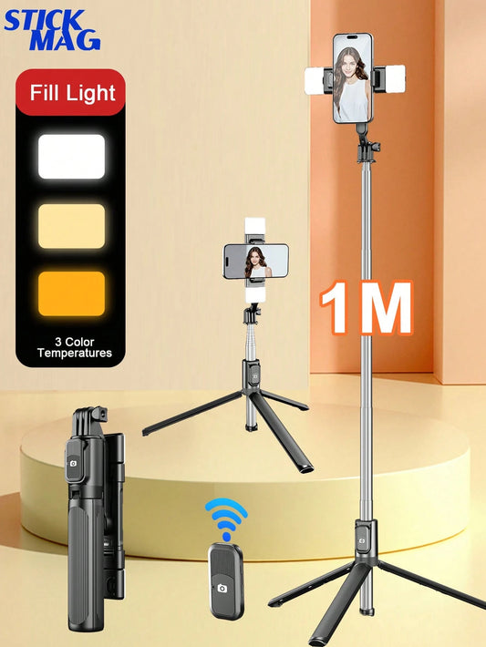 STICKMAG 100cm Wireless Bluetooth Selfie Stick Tripod With LED 3-Speed Adjustable Beauty Light, 360° Rotating Stainless Steel Anti-Shake, Suitable For Smartphones